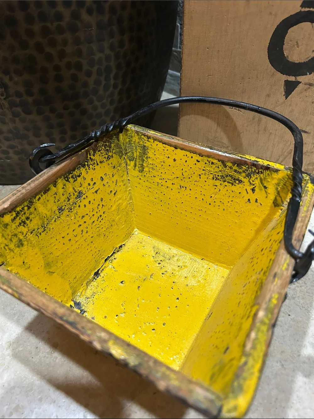 antique Chinese yellow lacquer rice measure bucket